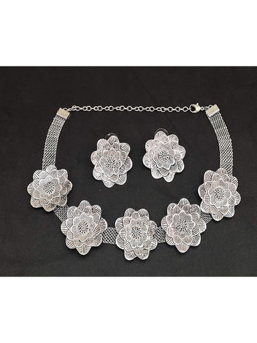 Jewelry Sets Stylish Oxidised Silver Flower Choker Necklace With Stud Earrings For Women & Girls