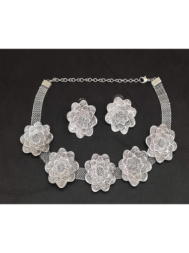Stylish Oxidised Silver Flower Choker Necklace with Stud Earrings for Women & Girls