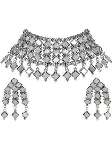 Silver Oxidized Western Mirror Style Designer Choker Necklace Set with Earrings For Women & Girls
