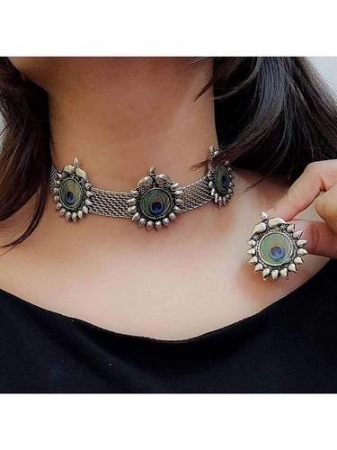 Oxidised  Silver Antique Peacock Choker Necklace with Earring Jewellery Set for Women & Girls
