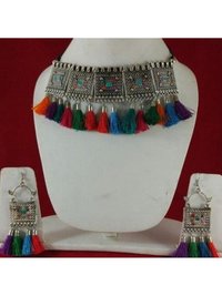 Oxidised Jewellery Afghani Style Multi Thread Choker Necklace Set for Women & Girls