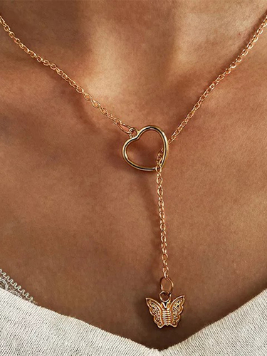 Gold Plated Heart and Butterfly Y Shaped Necklace