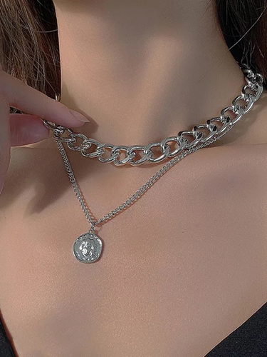 Silver Plated Double Layered Vintage Coin Pendant Necklace
