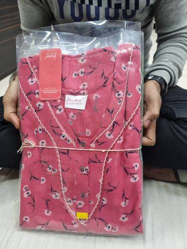 Alpine Printed Long Nighty M2 - Alpine Material, Free Size, Pink and White, V Neck, Short Sleeves, Trendy Design for Comfort and Style
