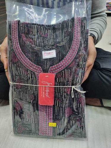 Alpine Embroidered Long Nighty M3 - Black Embroidered Full Round Neck, Free Size Nightgown in Soft Alpine Material, Ideal for Women
