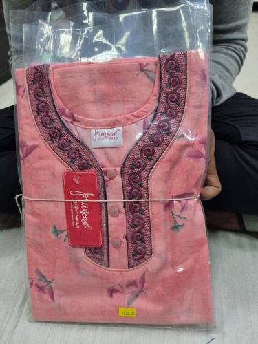 Cotton Printed Nighty M5 - Cotton, Free Size, Pink & White, Full Length, V Neck | Embroidered & Printed Design for Women