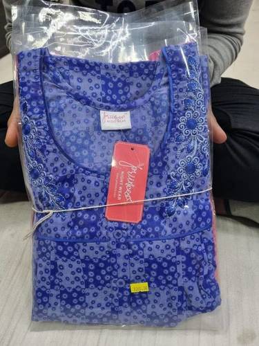 PV Nightgown - Full Length, Free Size Blue Embroidered & Printed | Short Sleeves, Made from High-Quality PV Material
