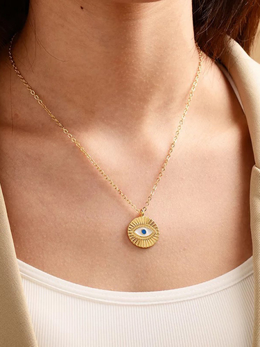 Gold Plated Circle Evil Blue Eye Pendant Necklace - Alloy, 20mg | Women's Fine Jewelry Necklace with Charm Pendant Design