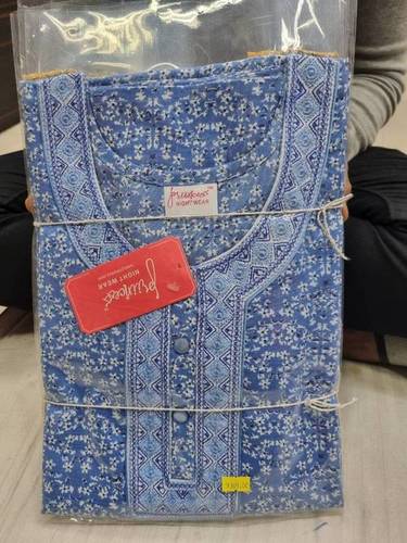 Cotton Printed Long Nighty M7 - Full Length, Free Size, Blue & White Embroidered Nightgown, Short Sleeves, Appliqued & Printed Design