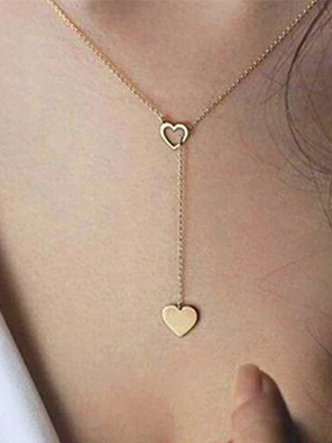 Stunning Gold Plated Y-Shaped Drop Heart Pendant Necklace