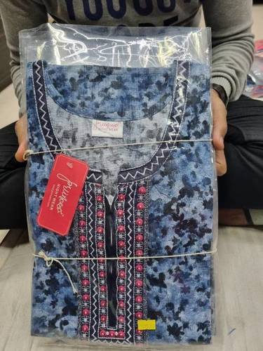 Cotton Blue Embroidered Long Nighty M9 - Free Size, Full Length, Round Neck, Short Sleeves, Comfortable Cotton | Embroidered & Printed Design