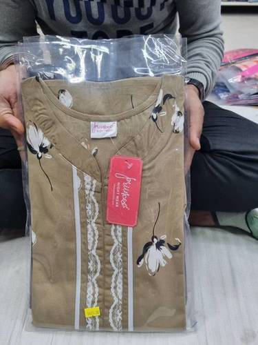 Brown and White Lace Long Nighty M10 - Cotton Material, Full Length, Free Size, Short Sleeves, Embroidered & Printed Design | Elegant Comfort for Women