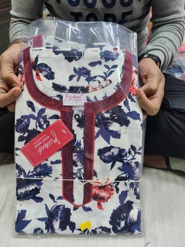 Floral Printed Cotton Long Nighty M12 - Free Size, Full Length, White with Blue Floral Prints and Red Embroidery | Designed for Comfort and Soothing Feel