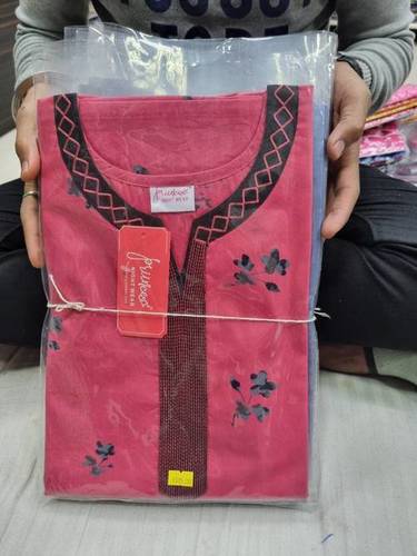 Pink Floral Cotton Long Nighty M14 - Free Size, Full Length, Pink with Black Embroidery | Short Sleeves, Alluring Design for Comfort