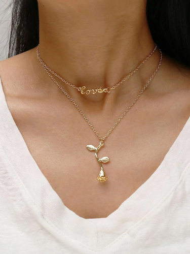 Gold Plated Double Layered Love and Rose Pendant Necklace
