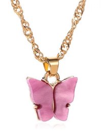Charming Gold Plated RosePink Butterfly Pendant Necklace