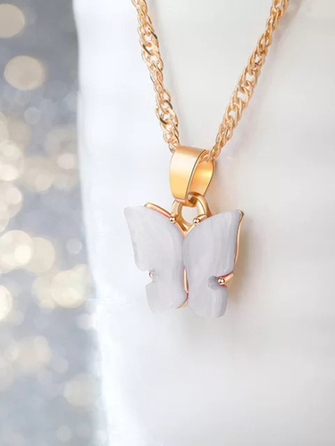 Pretty Gold Plated White Butterfly Pendant Necklace