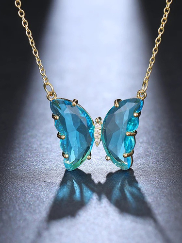 Charming Gold Plated Turquoise Blue Crystal Butterfly Necklace Weight: 20 Grams (G)