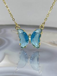 Gold Plated Turquoise Blue Crystal Butterfly Necklace