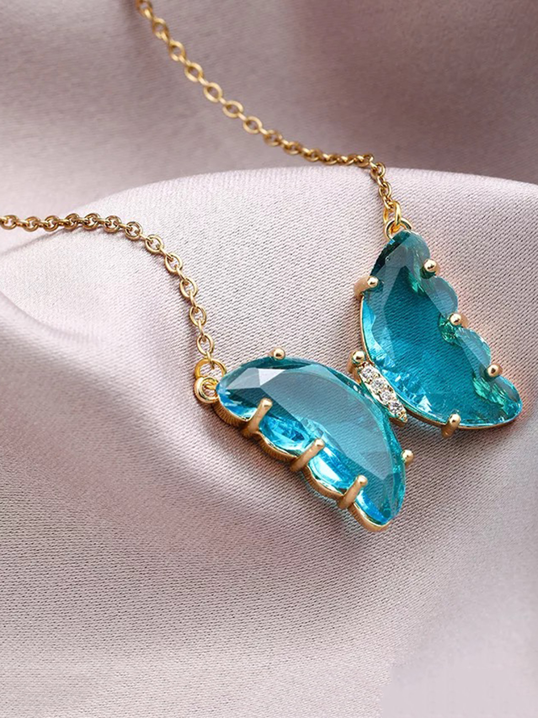 Charming Gold Plated Turquoise Blue Crystal Butterfly Necklace