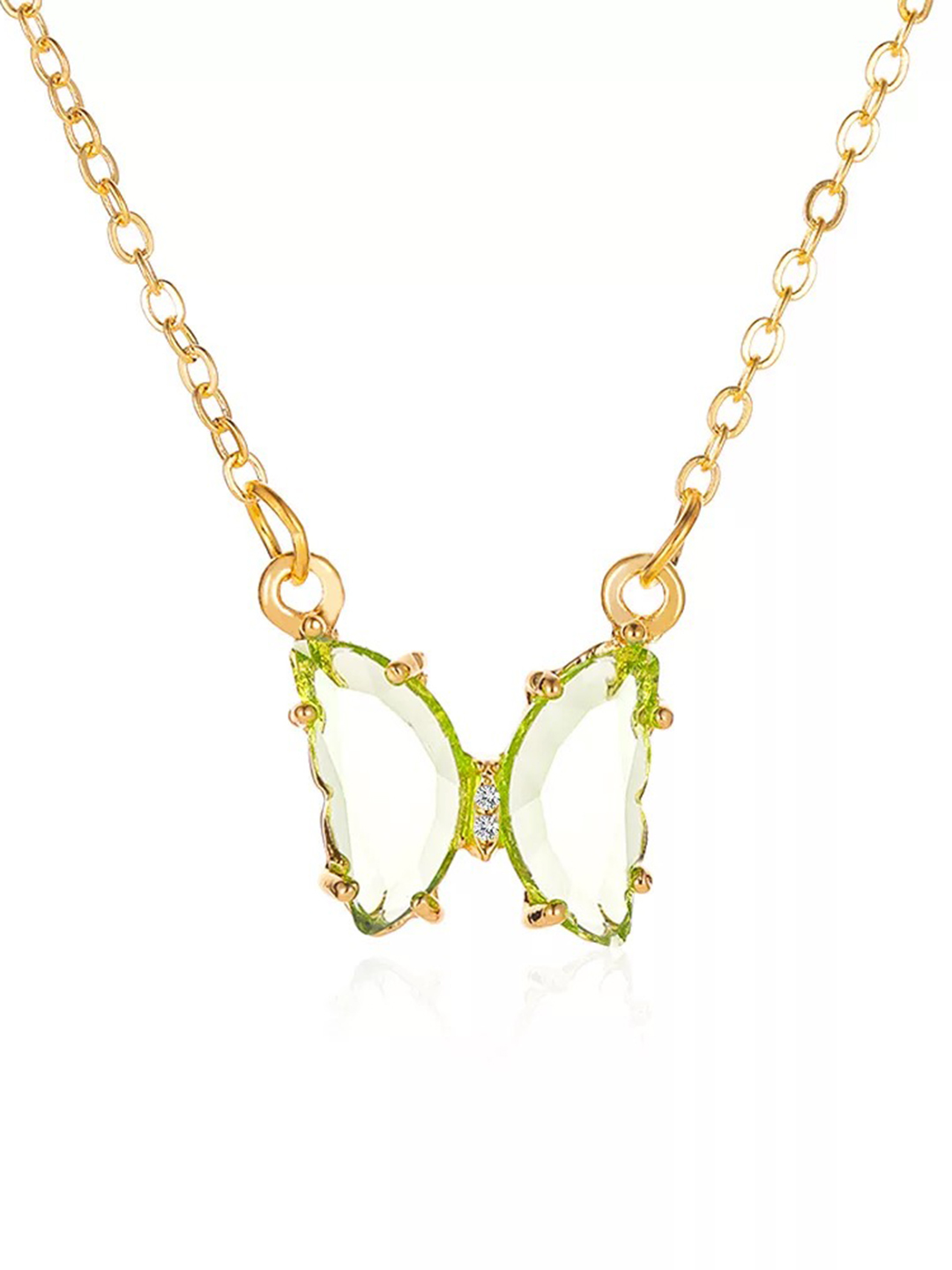 Stunning Gold Plated Pastel Green Crystal Butterfly Pendant Necklace