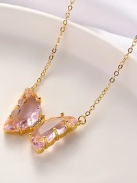 Lovely Gold Plated Pink Crystal Butterfly Pendant Necklace