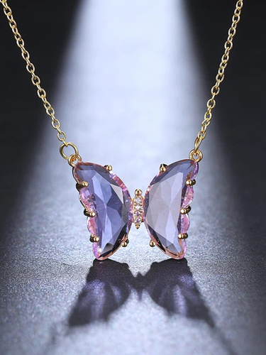 Charming Gold Plated Purple Crystal Butterfly Pendant Necklace