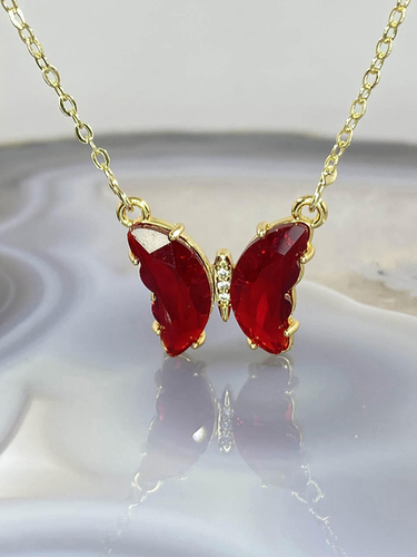 Lovely Gold Plated Red Crystal Butterfly Pendant Necklace