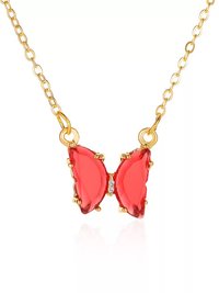 Lovely Gold Plated Red Crystal Butterfly Pendant Necklace