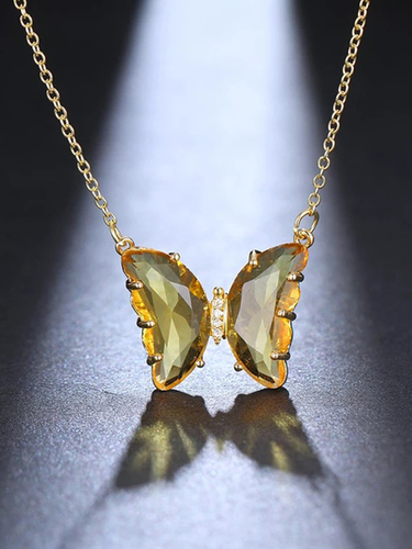 Gold Plated Yellow Crystal Butterfly Pendant Necklace