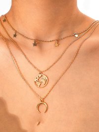 Lovely Gold Plated Triple Layered Multi Star Half Moon and World Pendant Necklace
