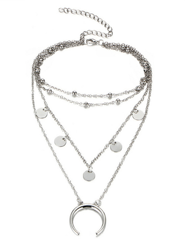 Charming Silver Plated Triple Layered Beads Half Moon And World Pendant Necklac Gender: Women