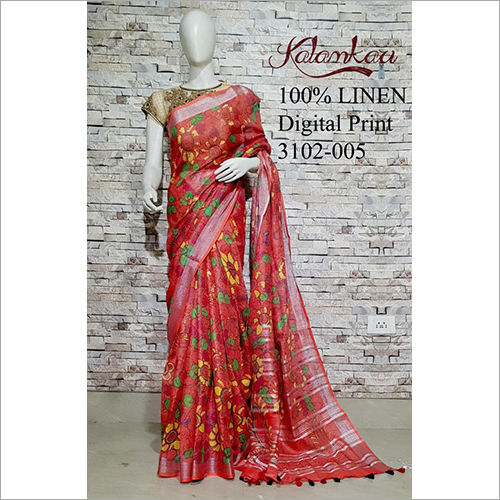 Multicolor Linen Designer Digital Printed Saree