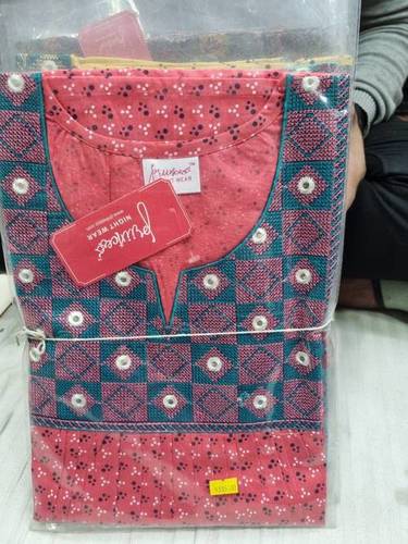 Pink Pintex Cotton Long Nighty M23 - Cotton Material, Full Length, Free Size, Pink Printed with Blue Embroidery, Round Neck, Short Sleeves