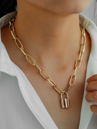 Stunning Gold Plated Chunky Chain Link lock Pendant Necklace for Women and Girls