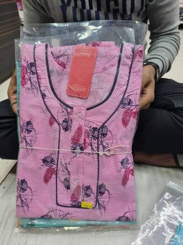 Cotton Printed Long Nighty M26 - Full Length, Free Size, Pink Floral Design, Round Neck, Short Sleeves | Comfortable Cotton Material for Women