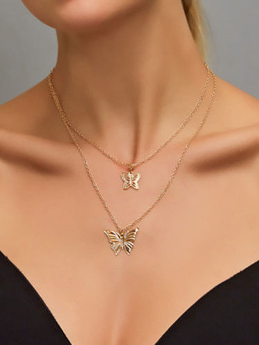 Gold Plated Double Layered Double Butterfly Pendant Necklace