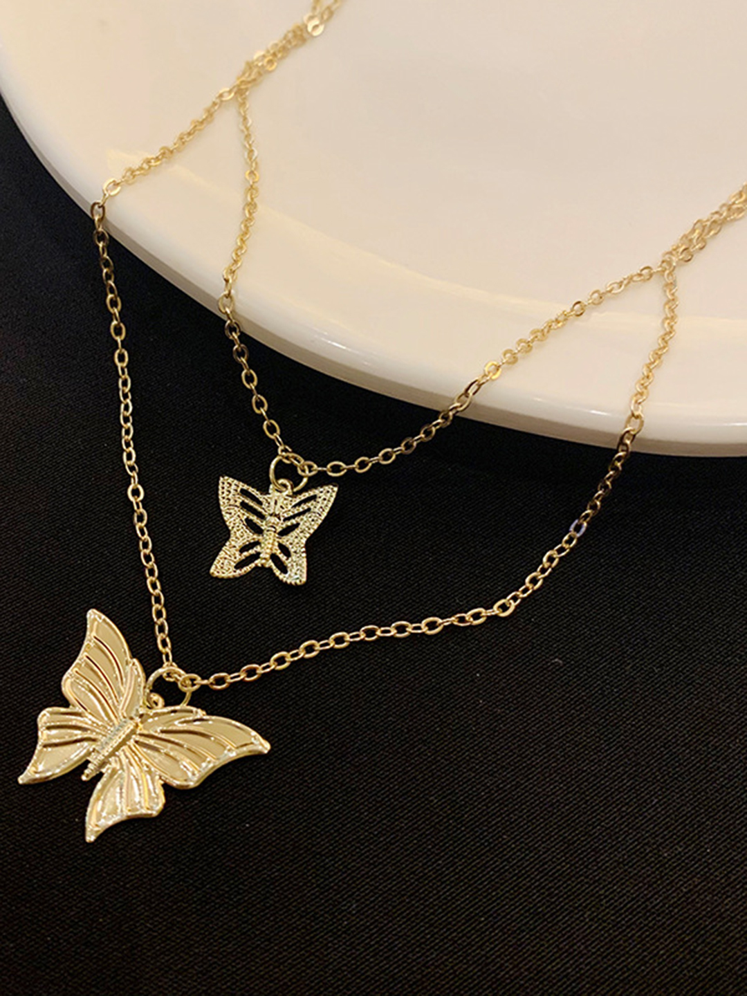 Gorgeous Gold Plated Double Layered Double Butterfly Pendant Necklace for Women and Girls