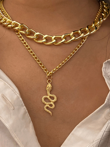 Gold Plated Double Layered Chain and Snake Pendant Necklace