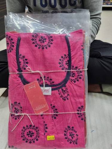 Cotton Printed Long Nighty M28 - Free Size, Full Length, Pink Color, Round Neck, Short Sleeves | Women's Comfortable Cotton Nightgown