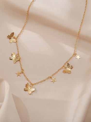 Pretty Gold Plated Butterfly and Star Pendant Necklace for Women and Girls