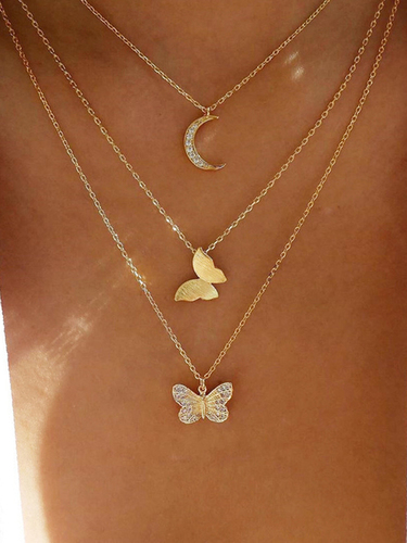 Pretty Gold Plated Layered Moon and Butterfly Pendant Necklace for Women and Girls
