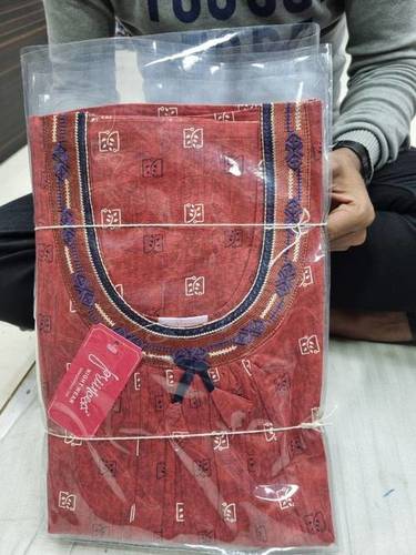 Embroidered Cotton Long Nighty M29 - Cotton Material, Free Size, Rust Color with Blue Embroidery, Full Length, Round Neck, Short Sleeves