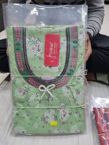 Green Printed Cotton Long Nighty M30 - Cotton Material, Full Length, Free Size, Green with Pink Embroidery, Round Neck, Short Sleeves | Perfect Nightgown for Women