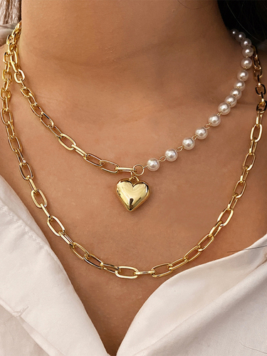 Gold Plated Layered Pearl Chain Heart Pendant Necklace