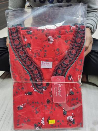 Embroidered Cotton Long Nighty M31 - Free Size, Full Length, Red Color, V Neck Design | Elegant Short Sleeves, Exquisite Handmade Embroidery