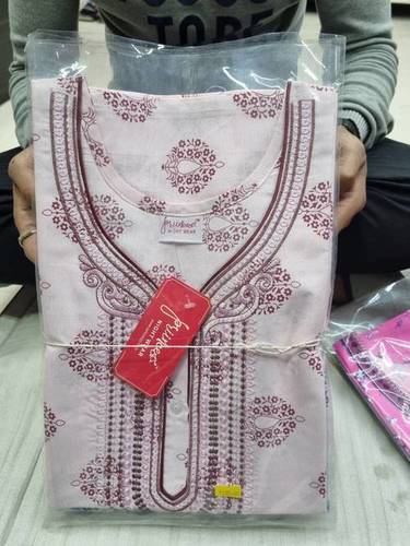 Embroidered Cotton Long Nighty M35 - Full Length, White and Red Color, V Neck Design, Short Sleeves, Comfortable for Women | Perfect for Nightwear and Lounging