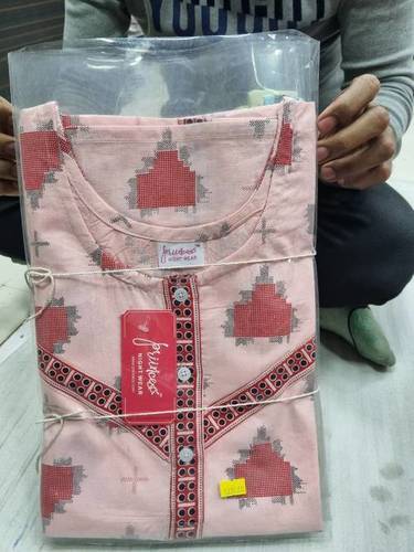Printed Cotton Long Nighty M39 - Cotton, Free Size, Full Length, Peach Color, V Neck, Short Sleeves, Printed Pattern | Comfortable Nightgown for Women