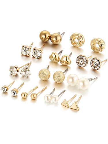 Combo Of 12 Pair Golden Studded Pearl Stud Earrings