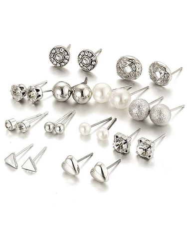 Combo Of 12 Pair Silver Studded Pearl Stud Earrings